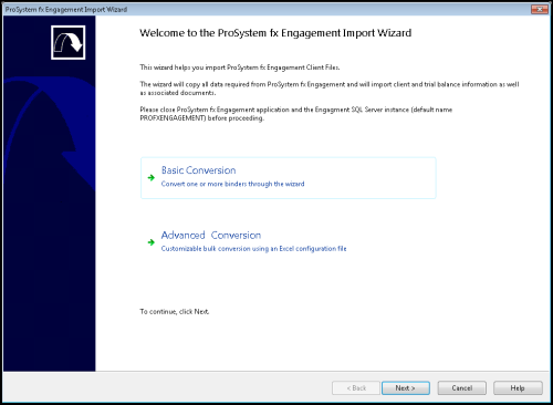 Prosystem fx Engagement Import Wizard opening screen