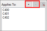 The plus (+) and minus (-) buttons highlighted in the Applies To pane of the Conditional Formatting dialog.