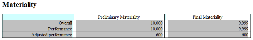 A sample CaseView document displaying the each materiality type with preliminary and final values
