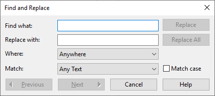 The Find/Replace dialog with fields to enter text to search for and text to replace it with