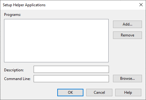 The Setup Helper Applications dialog with options to add or remove applications from the list