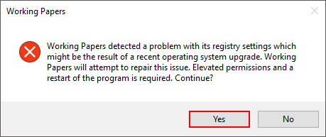 A warning message stating that an issue has been found with the Windows Registry as a result of an Operating System update