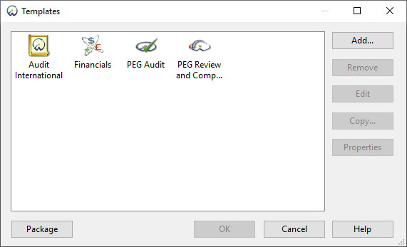 The Template dialog displaying a list of templates with customization and packaging options