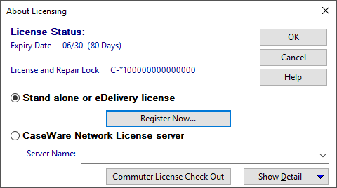 The license status of a Working Papers installation displayed in the About Licensing dialog