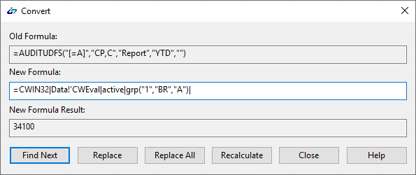 The Convert dialog in Connector displaying the old link formula, the new link formula, and the new formula result