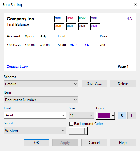 The Font Settings dialog with font type, size and color options