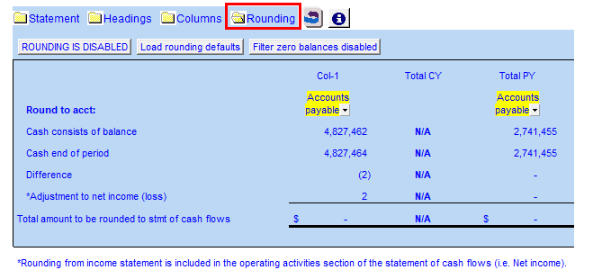 Statement of Cash Flow Rounding Options